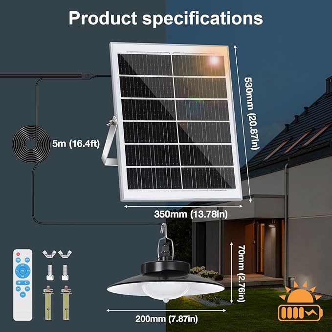 Solar Pendant Lights Outdoor,4 Heads Solar Shed Light Dimmable with Motion Sensor,Solar Powered Lights with Upgrade 5 Lighting Modes & Remote Control for Shed,Patio,Barn,Garage,Chicken Coop