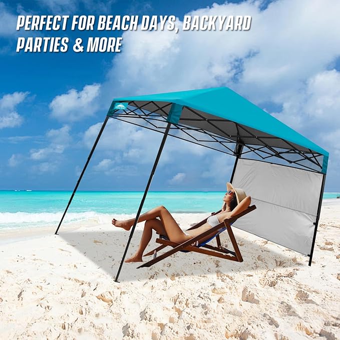 EAGLE PEAK 8x8 Pop Up Canopy Tent with Sidewall, Compact, Portable Slant Leg Instant Sun Shelter for Beach, Sports, & Camping, 8x8 Base 6x6 Top, Turquoise