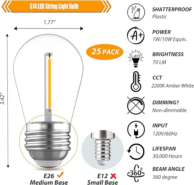 25 Pack S14 Replacement Bulbs for String Lights, 1W LED Waterproof Shatterproof Outdoor Light Bulbs, 2200K Amber Warm White, E26 Base, Non-Dimmable