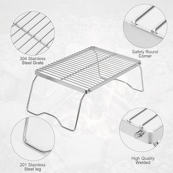 ZORMY 13" Folding Campfire Grill, 304 Stainless Steel Firepit Grill Grate, Heavy Duty Portable Camping Grill with Carrying Bag, Gas BBQ Grill Grate for Backpacking, Hiking, Picnics (Medium)