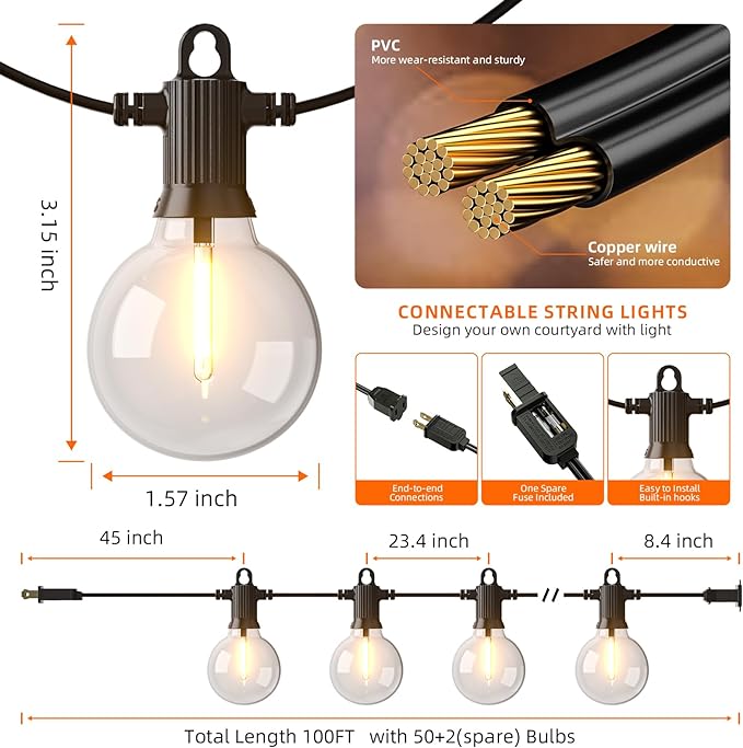 Kawaya Outdoor String Lights 100 FT LED Patio Light with 50+2 Shatterproof Edison Globe Bulbs - IP65 Waterproof Dimmable Hanging Lights - 2700K Warm White Lighting for Outside Porch Deck Bistro Cafe