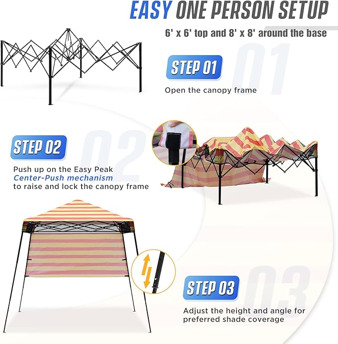 EAGLE PEAK 8x8 Pop Up Canopy Tent with Sidewall, Compact, Portable Slant Leg Instant Sun Shelter for Beach, Sports, & Camping, 8x8 Base 6x6 Top, Orange Yellow Stripe