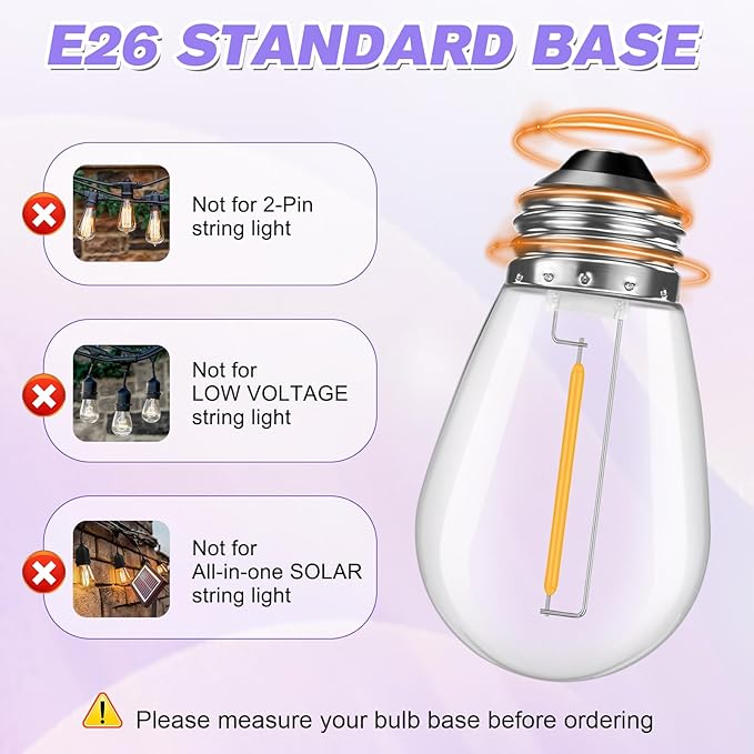 24 Pack Shatterproof S14 LED Replacement Bulbs for Outdoor String Lights, 1W Equivalent to 11W Incandescent Bulb, Soft White 2200K, Dimmable, E26 Regular Medium Screw Base