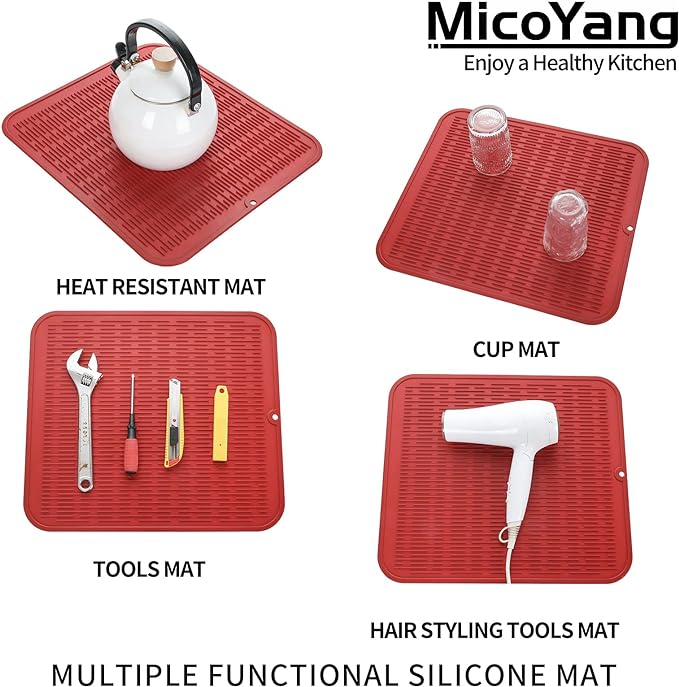 Silicone Dish Drying Mat for Multiple Usage,Easy clean,Eco-friendly,Heat-resistant Silicone Mat for Kitchen Counter or Sink,Refrigerator or Drawer Liner Red 2XL 24 inches x 18 inches