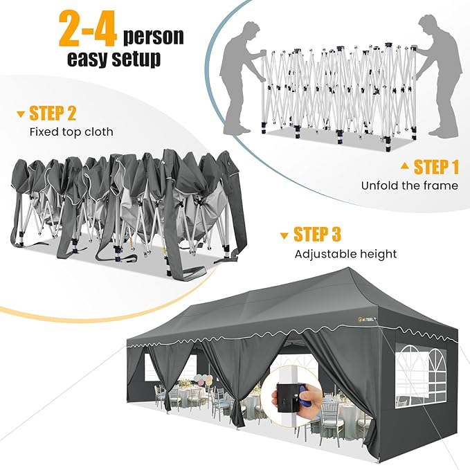 HOTEEL 10x30 Pop Up Canopy with 8 Sidewalls, UV 50+ and Waterproof Party Tent 10×30, Thickened Frame, Large Space Easy Pop Up Canopy, Outdoor Canopy for Weddings, Beaches, Parties, Patio (Grey)