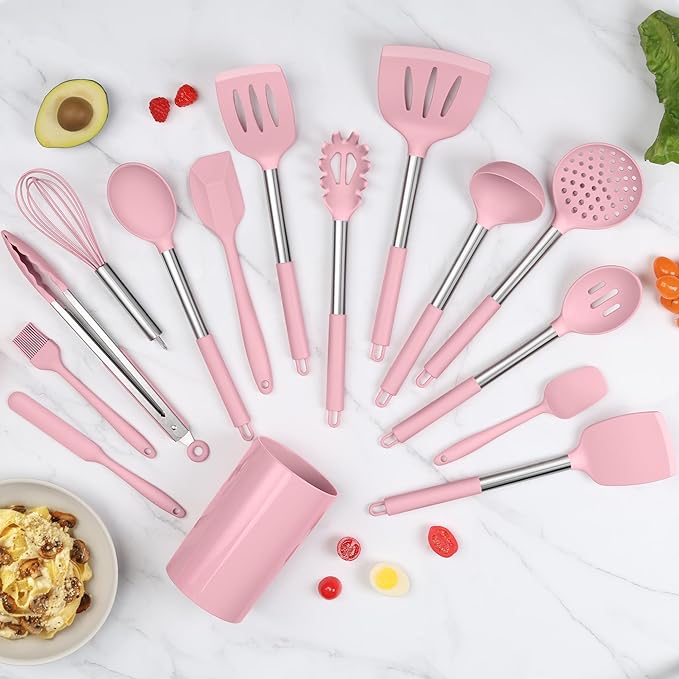 LIANYU 15 Piece Cooking Utensils Set with Stainless Steel Handle, Silicone Kitchen Gadgets with Holder, Heat Resistant Spatula Spoon Turner Tong Whisk Brush Tools for Cooking, Dishwasher Safe, Pink