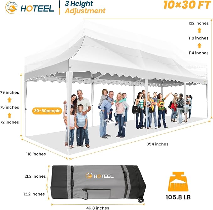 HOTEEL 10x30 Pop Up Canopy with 8 Sidewalls, UV 50+ and Waterproof Party Tent 10×30, Thickened Frame, Large Space Easy Pop Up Canopy, Outdoor Tent for Weddings, Beaches, Parties, Patio (White)