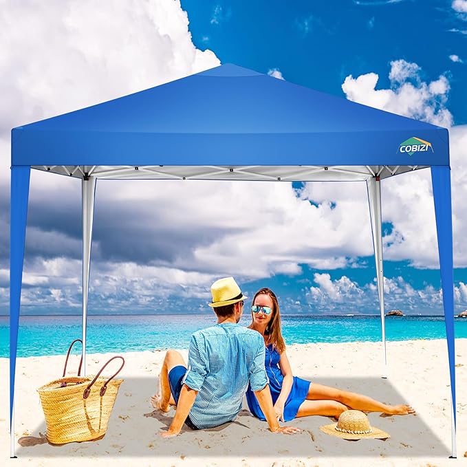 COBIZI 10x10 Pop Up Canopy Tent with 4 Sandbags, Easy Set Up Tent, Instant Outdoor Sun Shelter Canopy with 8 Stakes,4 Ropes&Carry Bag, Tents for Parties, Beach, Backyard,Camping（Blue