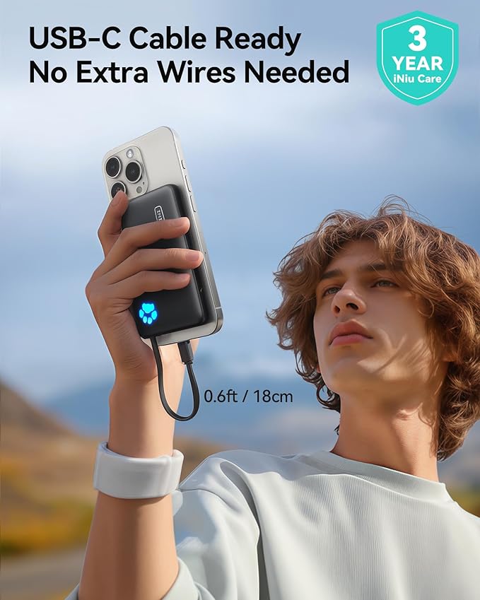 INIU Portable Charger, Slim 10000mAh Power Bank with Build in USB-C Cable, 20W Fast Charging Small Phone Charger, Flight Cruise Ship Trip Accessories Essentials for College Student Boy Girl, Yellow