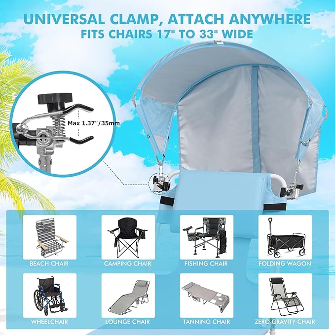 Universal Chair Umbrella Canopy, UPF 50+ Sun Shade with Adjustable Clamp Clip for Beach Chair, Outdoor Camping Chair, Sports Chair, Lawn Chair, Tanning Chair, Zero Gravity Chair, Blue 2 Pack