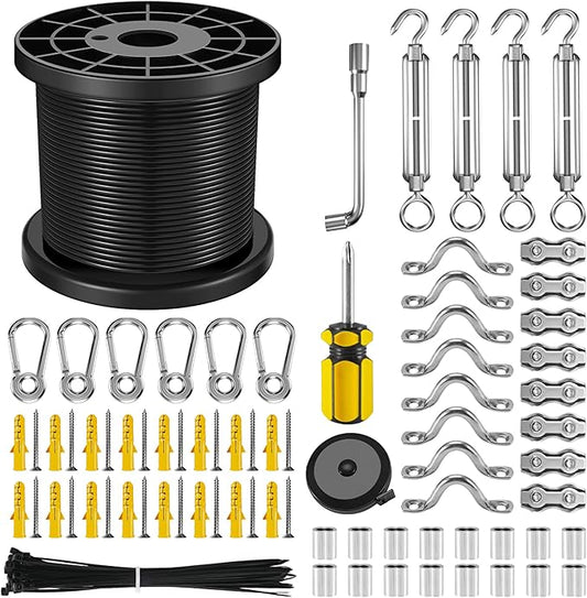 NEREUS String Light Hanging Kit with 164 Ft Vinyl Coated 304 Stainless Steel Cable, String Light Suspension Kit, Guide Wire with Turnbuckles and Hooks for Patio, Backyard Lighting Accessories