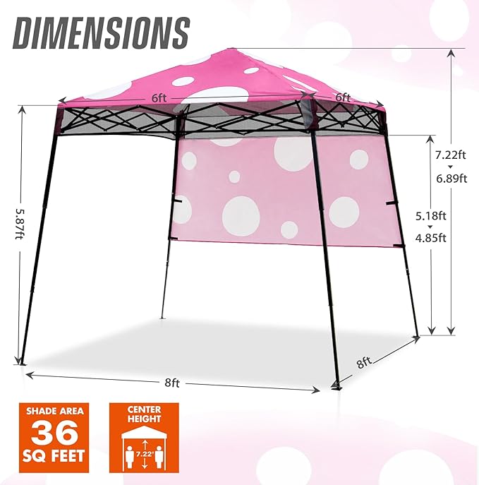 EAGLE PEAK 8x8 Pop Up Canopy Tent with Sidewall, Compact, Portable Slant Leg Instant Sun Shelter for Beach, Sports, & Camping, 8x8 Base 6x6 Top, Pink Mushroom