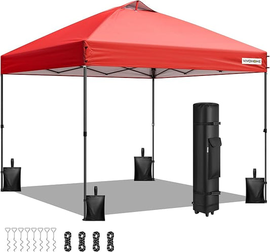 VIVOHOME 8x8ft Pop Up Canopy Tent One Push Setup Outdoor Portable Shelter Tent Heavy Duty with Wheel Carry Bag and 4 Sandbags, Red