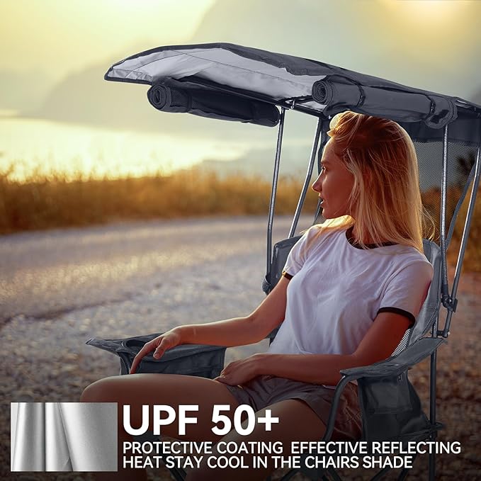 Camping Chair with Canopy Shade - Folding Beach Chair with UPF 50+ Sun Shade, Cup Holder, Side Pocket, Portable Sports Chair for Adults Support 330 LBS, Fishing Camp Outdoor Lawn Chair - Grey