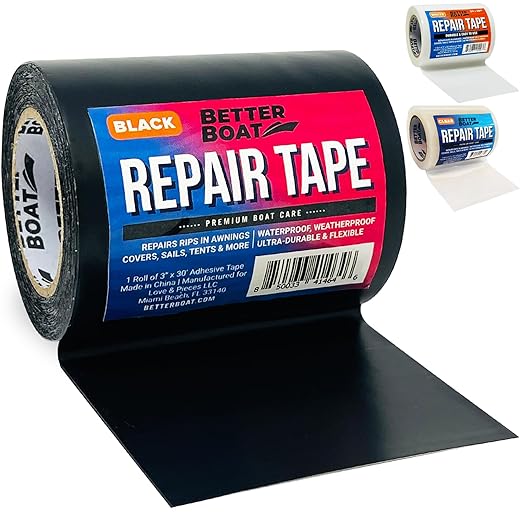 Repair Tape for Fabric Boat Covers, Canvas Tents, Pop-Up Campers, RV Awnings, Tarps, Canopies, Bimini Tops, Sails, Air Mattress Patch Kit, 30ft x 3" Black Heavy-Duty Waterproof Vinyl