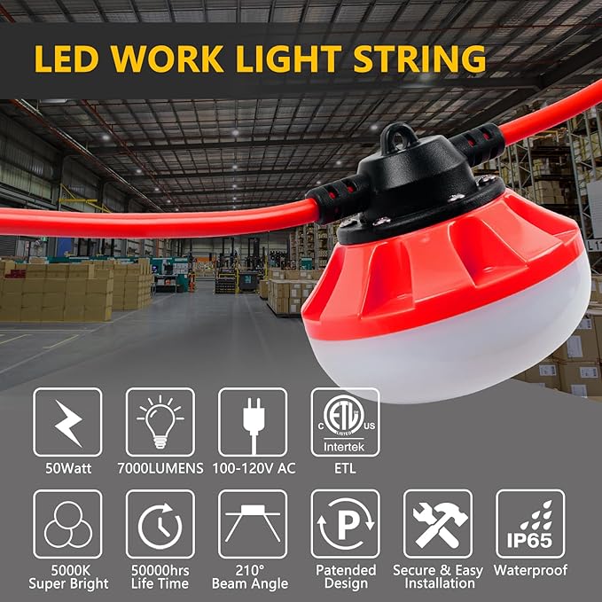 50FT LED Construction String Lights, 5 Medium Base Sockets, Linkable Job Site Lighting, 5000LM, Red, 50FT, Outdoor, Indoor