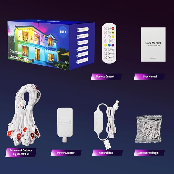 HUTAKUZE Permanent Outdoor Lights, 50FT RGB Smart Eaves Lights, IP67 Waterproof LED Outdoor Strip for House, Music Sync, APP/Remote Control, 16 Million Colors