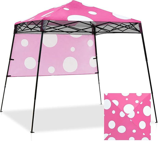 EAGLE PEAK 8x8 Pop Up Canopy Tent with Sidewall, Compact, Portable Slant Leg Instant Sun Shelter for Beach, Sports, & Camping, 8x8 Base 6x6 Top, Pink Mushroom