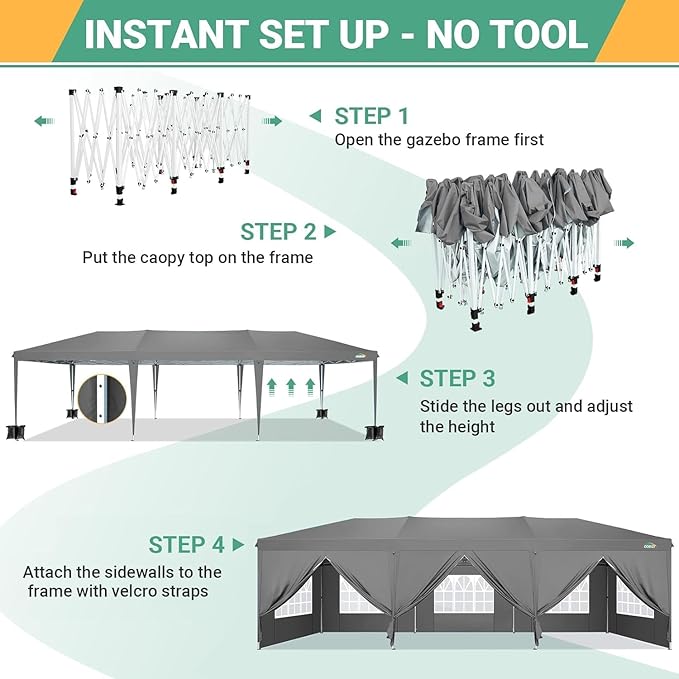 COBIZI 10x30 Pop Up Canopy with 8 Sidewalls Tents for Parties Waterproof Commercial Instant Canopy 10x30 Party Tent for Backyard, Wedding Portable Outdoor Gazebo with Carrybag&4 Sandbags, Gray