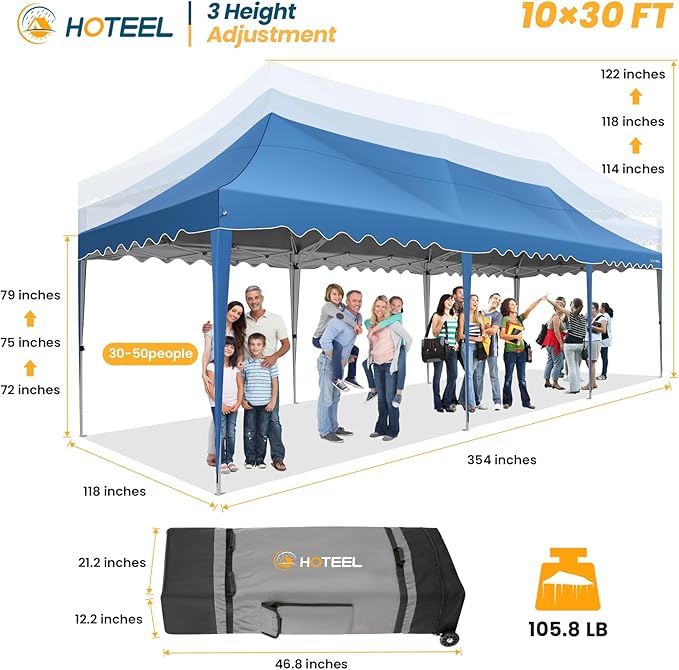 HOTEEL 10x30 Pop Up Canopy with 8 Sidewalls, UV 50+ and Waterproof Party Tent 10×30, Thickened Frame, Large Space Easy Pop Up Canopy, Outdoor Canopy for Weddings, Beaches, Parties, Patio (Blue)