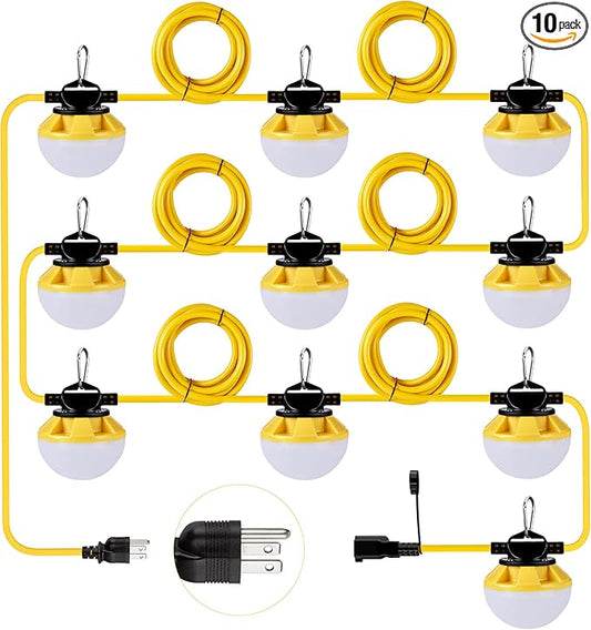 3-Prong 100FT Construction String Lights, IP65 Waterproof ETL Certified String Work Lights, 5000K Daylight 18AWG Wire Linkable Temporary Construction Lighting for Jobsite with 10 Bulbs & Hooks