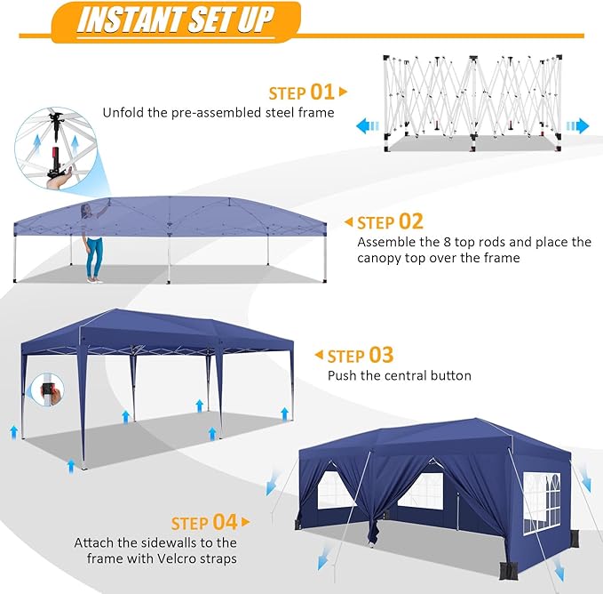 HOTEEL 10x20 Pop Up Canopy with 6 Sidewalls,One-Push Setup Canopy Tent with 8 Windbreak Poles,Waterproof Shade 10x20,Outdoor Canopies for Parties,Weddings,Camping,Patios (Dark Blue)
