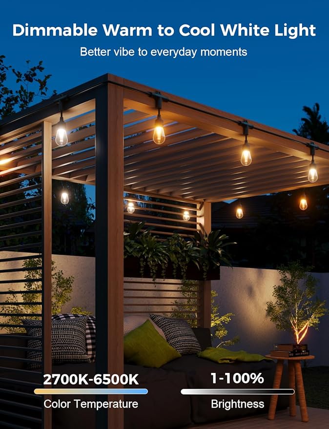 XMCOSY+ Smart Outdoor String Lights, 72.5Ft Patio Lights Waterproof, App Control, Compatible with Alexa, RGBCWIC Color Changing LED String Light for Outside