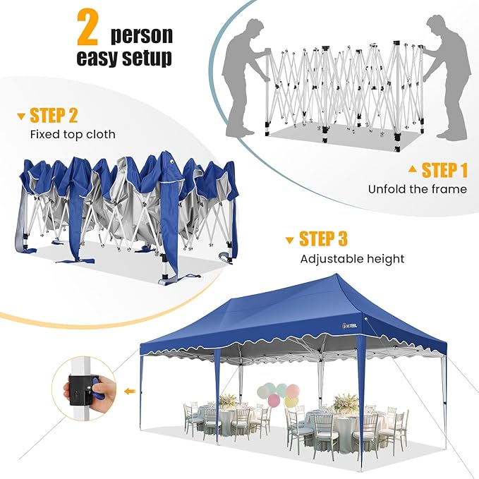 HOTEEL 10×20 Pop Up Canopy, Canopy Tent UV 50+ and Waterproof, Thickened Frame, Large Space Easy Pop Up Canopy, Outdoor Canopy for Weddings, Beaches, Parties, Patio (Dark Blue)