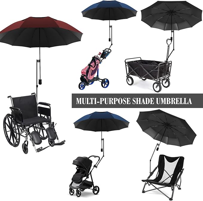 UPF 50+ Golf Umbrella with Adjustable Universal Clamp, Portable Umbrellas for Rain, Manual Open & Close, for Beach Chair, Golf Cart, Stroller, Bleacher, Patio