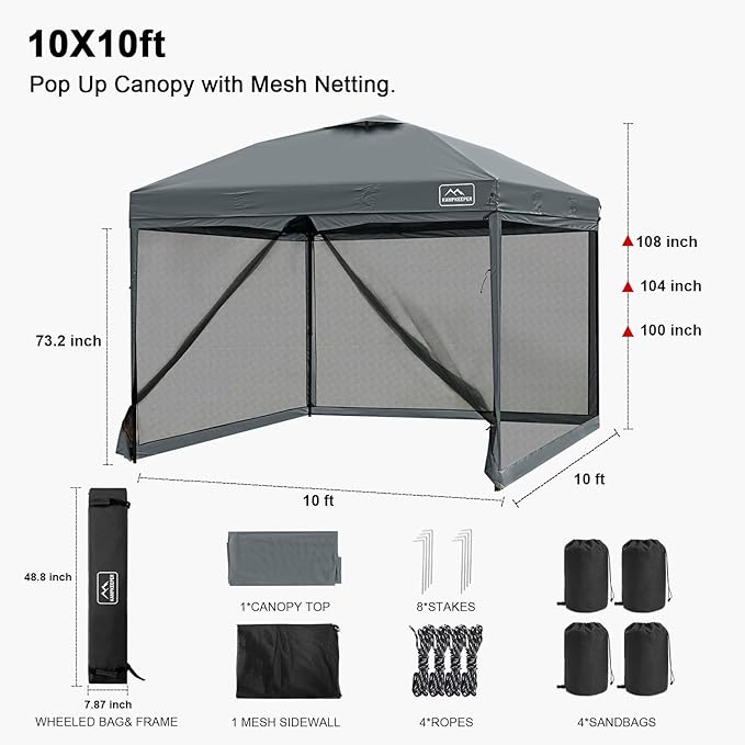 KAMPKEEPER 10x10 Pop Up Canopy with Mosquito Netting,Instant Outdoor Screen Tent Sun Shade for Events Patio Camping Picnic,Gazebo with 4 Sandbags,1 Wheeled Bag(Dark Grey)