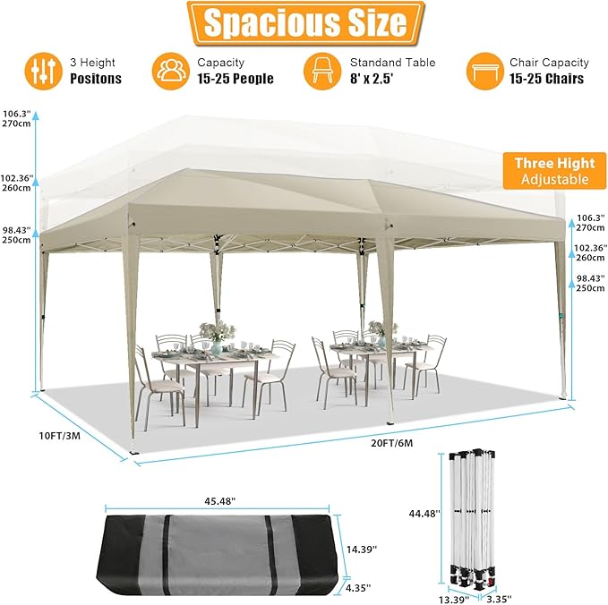 HOTEEL 10x20 Pop Up Canopy with 6 Sidewalls,One-Push Setup Canopy Tent with 8 Windbreak Poles,Waterproof Shade 10x20,Outdoor Canopies for Parties,Weddings,Camping,Patios (Khaki)