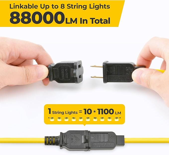 100ft Construction String Lights: 100w 11000lm ETL Certified Bright Industrial Outdoor Temporary Lighting Led Hanging IP65 Waterproof 18AWG Wire Work Light for Attic Jobsite Garage
