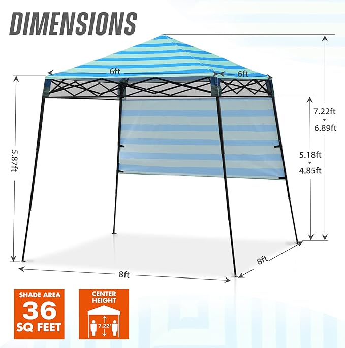 EAGLE PEAK 8x8 Pop Up Canopy Tent with Sidewall, Compact, Portable Slant Leg Instant Sun Shelter for Beach, Sports, & Camping, 8x8 Base 6x6 Top, Green Blue Stripe