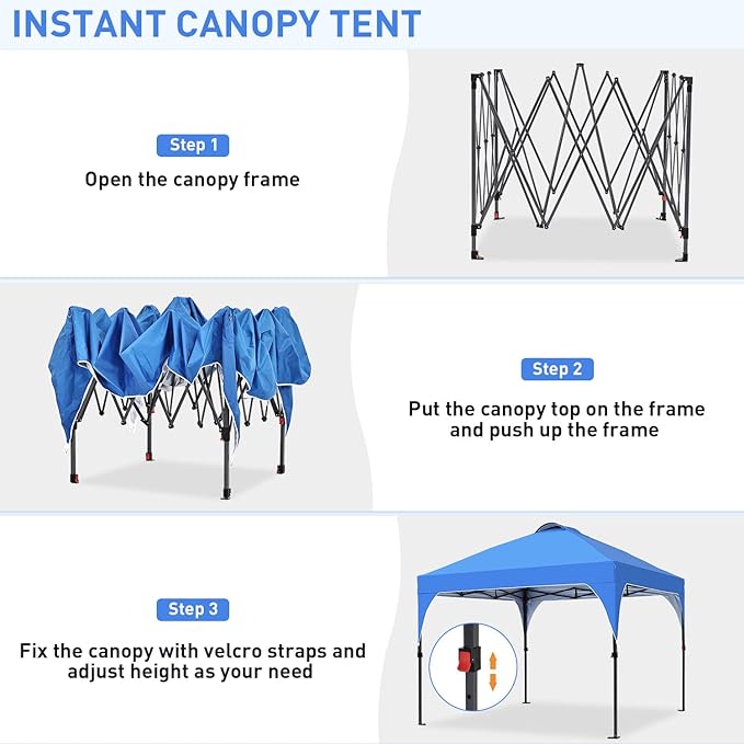 10x10 FT Pop Up Canopy, Instant Outdoor Canopy Tent with Carrying Bag, 3 Adjustable Heights - Portable for Event, Parties, Camping and More Outdoor Activities