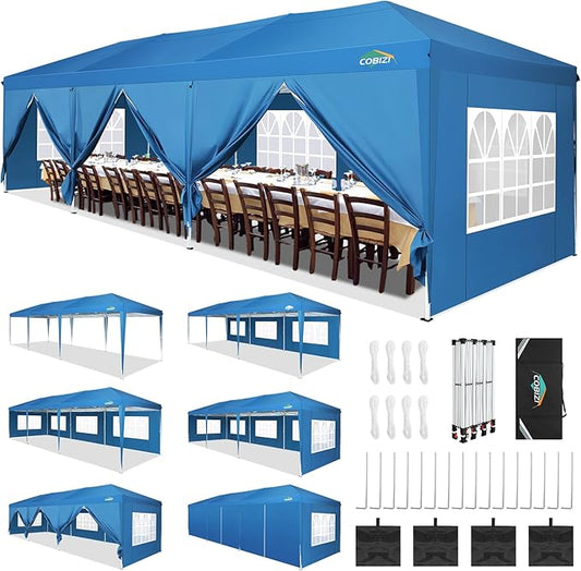 COBIZI 10x30 Pop Up Canopy Tent for Parties with 8 Sidewalls Waterproof Commercial Instant Canopy 10x30 Party Tent for Backyard, Wedding Portable Outdoor Gazebo with Carrybag&4 Sandbags