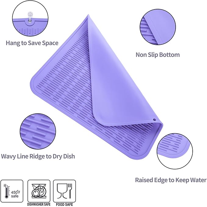 Silicone Dish Drying Mat for Multiple Usage,Easy clean,Eco-friendly,Heat-resistant Silicone Mat for Kitchen Counter or Sink,Refrigerator or Drawer Liner Light Purple 2XL 24 inches x 18 inches