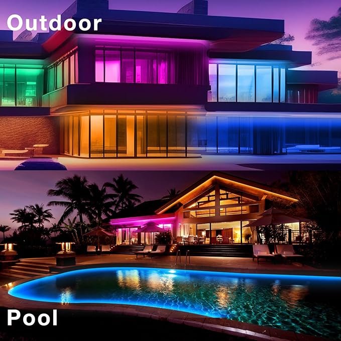 DAYBETTER Outdoor LED Strip Lights, IP67 Waterproof LED Lights with Remote, APP Control, Color Changing LED Rope Lights for Bedroom, Bathroom, Roof, Balcony, Pool, 24V, 100ft
