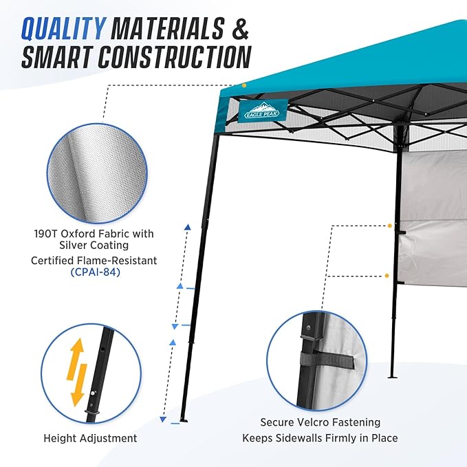 EAGLE PEAK 8x8 Pop Up Canopy Tent with Sidewall, Compact, Portable Slant Leg Instant Sun Shelter for Beach, Sports, & Camping, 8x8 Base 6x6 Top, Turquoise