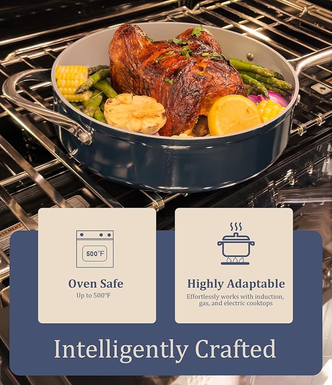 Nonstick Ceramic Sauté Pan with Lid (4.5 qt, 11"), Deep Frying Pan for All Cooktops - Non Toxic, PTFE/PFAS Free, Dishwasher & Oven Safe up to 500°F - with Stay Cool Handle - Caribbean Blue