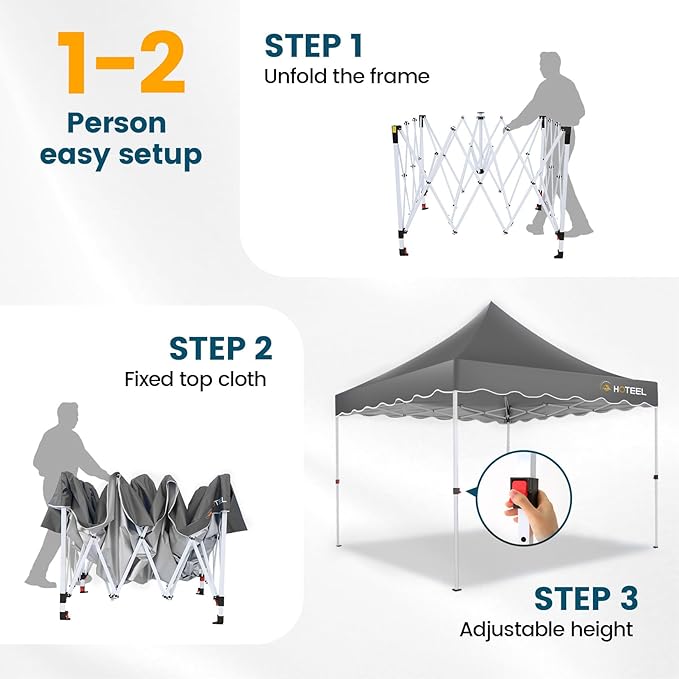 HOTEEL 10×10 Pop Up Canopy, UV 50+ and Waterproof Canopy Tent 10×10, Thickened Frame, Large Space Easy Pop Up Canopy, Outdoor Canopy for Weddings, Beaches, Parties, Patio (Grey)