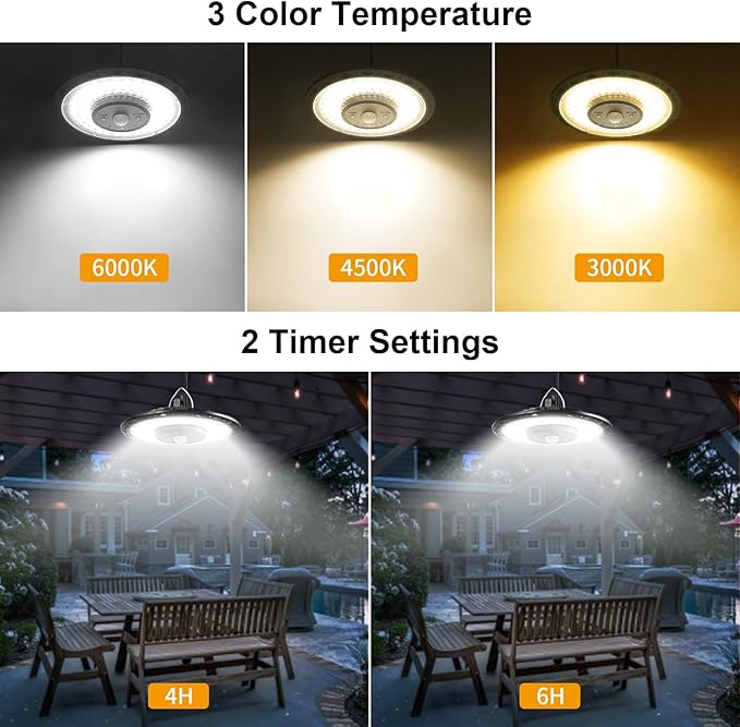 Auzev Solar Lights Indoor Outdoor 3000LM Solar Powered Shed Light with Switch, Remote, Timer, 3 CCT IP65 Waterproof Pendant for Barn Gazebo Garage Shop Interior Home, Daytime Available