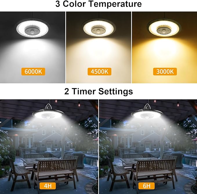Auzev Solar Lights Indoor Outdoor 3000LM Solar Powered Shed Light with Switch, Remote, Timer, 3 CCT IP65 Waterproof Pendant for Barn Gazebo Garage Shop Interior Home, Daytime Available