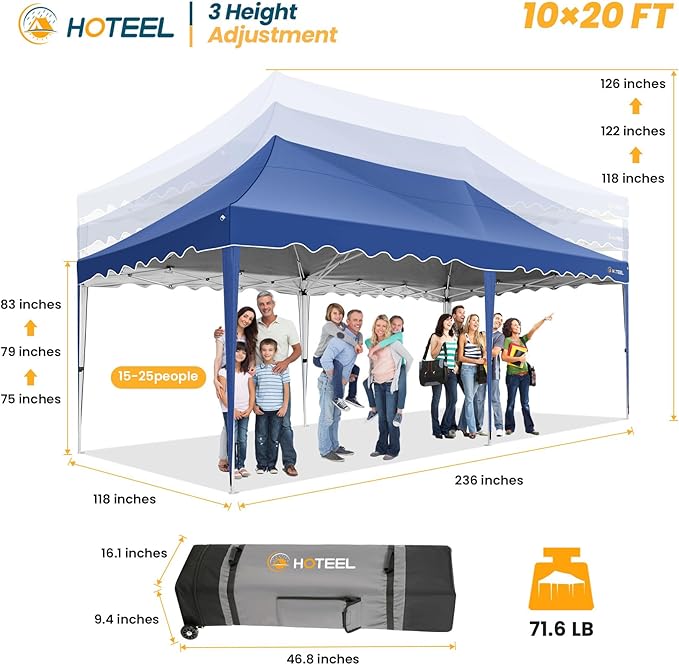 HOTEEL 10×20 Pop Up Canopy, Canopy Tent UV 50+ and Waterproof, Thickened Frame, Large Space Easy Pop Up Canopy, Outdoor Canopy for Weddings, Beaches, Parties, Patio (Dark Blue)