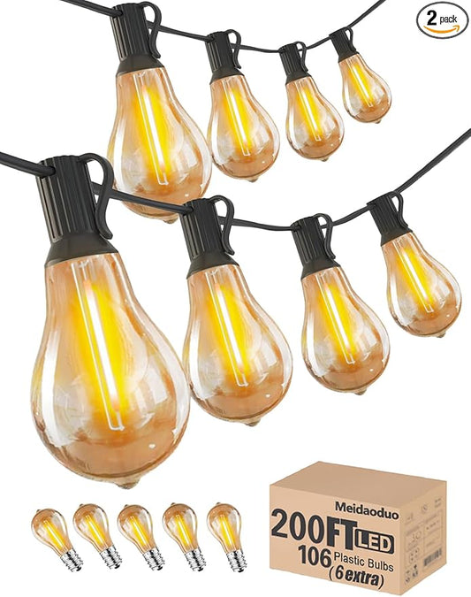 String Lights for Outside 200 FT Outdoor String Lights Waterproof with 100+6ea A39 Shatterproof Warm Bistro Lights for Patio Gazebo Backyard Garden, 2x100FT Linkable