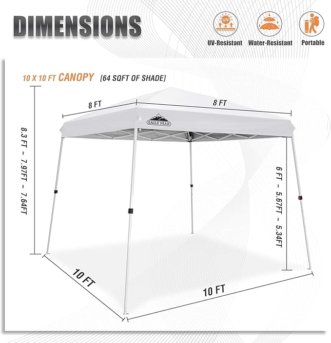 EAGLE PEAK 10x10 Slant Leg Outside Pop Up Canopy, Instant Outdoor Canopy Tent, 8x8 Top 10x10 Base Sun Shelter with Wheeled Carry Bag, Ropes and Stakes, White