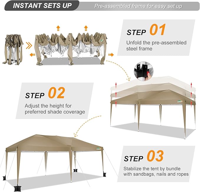 COBIZI Canopy 10x20 Pop Up Canopy Tent 10x20ft Waterproof Easy Up Tents for Parties Wedding Outdoor Commercial Event Gazebo Portable Instant Tent for Backyard Camping Car Port(Khaki