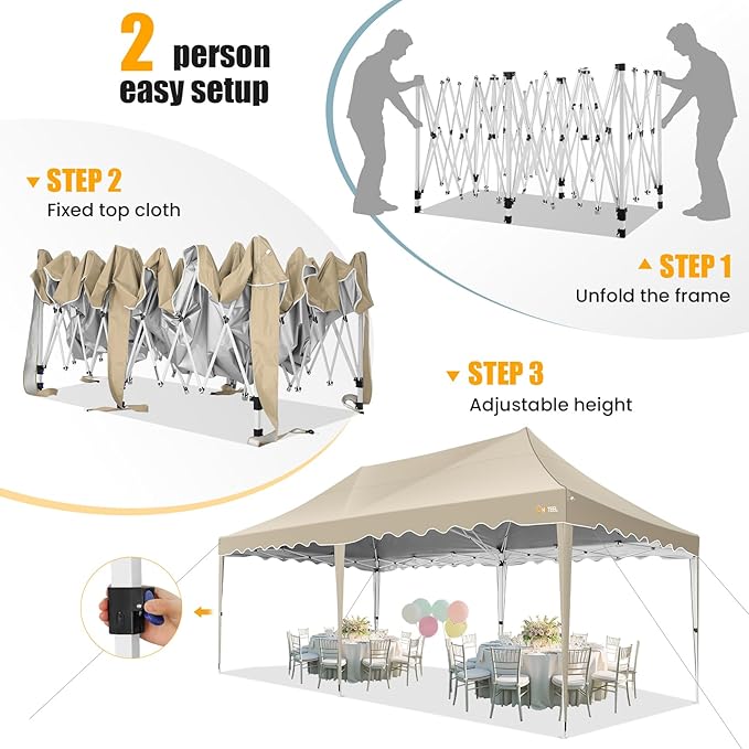 HOTEEL 10×20 Pop Up Canopy, Canopy Tent UV 50+ and Waterproof, Thickened Frame, Large Space Easy Pop Up Canopy, Outdoor Canopy for Weddings, Beaches, Parties, Patio (Khaki)