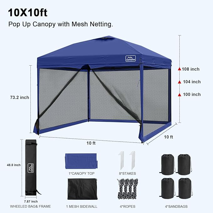 KAMPKEEPER 10x10 Pop Up Canopy with Mosquito Netting,Instant Outdoor Screen Tent Sun Shade for Events Patio Camping Picnic,Gazebo with 4 Sandbags,1 Wheeled Bag(Navy Blue)