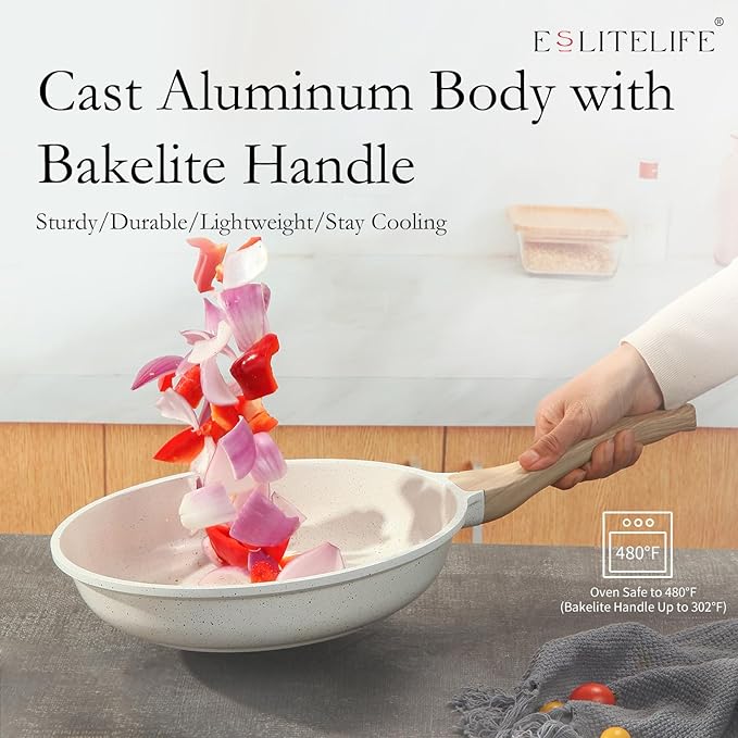 ESLITE LIFE Nonstick Ceramic Frying Pans Skillets Set with Lids, Non-Toxic Egg Omelette Kitchen Cooking Pans Compatible with All Stovetops (Gas, Electric & Induction), PTFE & PFOA Free (White)