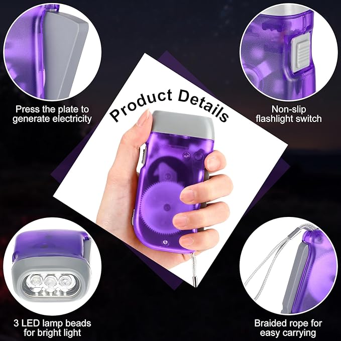 Treela 60 Pack Hand Crank Flashlight Operation Christmas Items Bulk Squeeze Flashlight No Battery Required Torchlight 3 LED Self Powered Charging(Red, Blue, Purple, Orange, Yellow, Green)